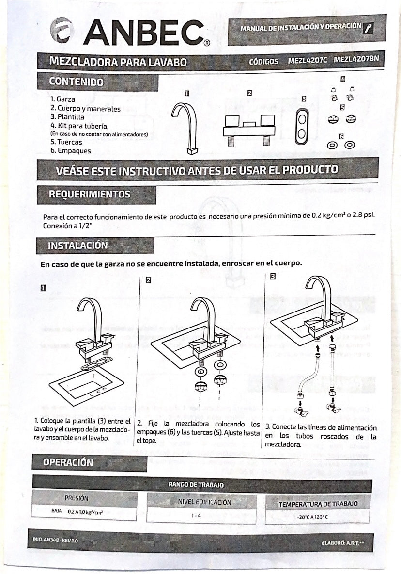 Llave Mezcladora para Fregadero Anbec MEZF8287